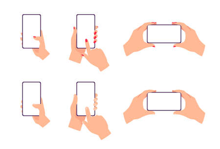 Set of hands holding modern mobile phone with empty white screen, vector illustration isolated on...