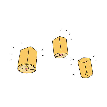 Flying paper yellow sky lanterns, a symbol of Thai and Asian holiday and festival Loy Krathong. Isolated vector Thailand festival flying lanterns in a flat style.のイラスト素材