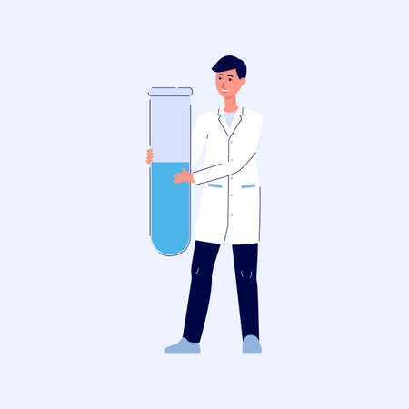 A young smiling brunet man in a medical coat is standing and holding a test tube or flask. Pharmacist or medic, doctor or scientist with test tube or flask, flat cartoon vector illustration.のイラスト素材