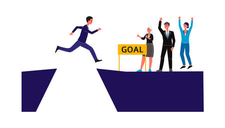 Businessman overcomes the challenge and jumps over abyss, the concept of achievement and victory. Man overcomes the challenge, colleagues and employees support him. Flat vector cartoon illustration.のイラスト素材