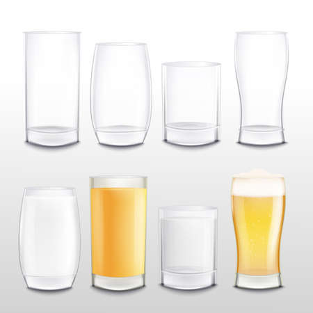 Realistic glass cup set empty and full of beer and milk, different shapes and sizes of drink containers with white and yellow beverages - isolated vector illustrationのイラスト素材