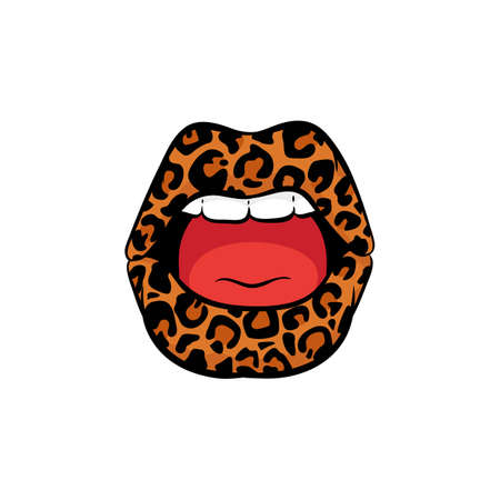 Open women mouth with leopard pattern on lips icon, cartoon vector illustration isolated on white background. Fashion pop art style symbol or sticker print.のイラスト素材