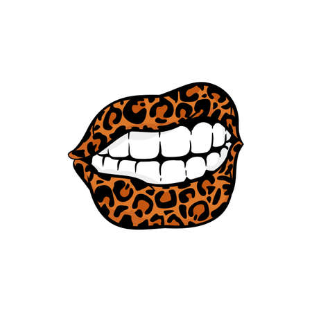 Icon of womens open mouth with teeth in wild leopard coloring, cartoon vector illustration isolated on white background. Trendy and sexy girls lips sticker.のイラスト素材