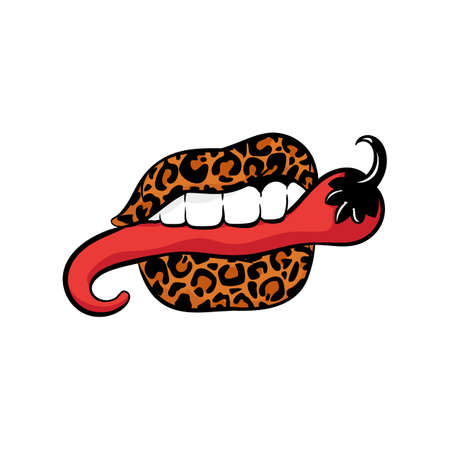 Leopard skin colored womens mouth or lips holding red hot pepper, cartoon vector illustration isolated on white background. Fashion sticker in pop art style.のイラスト素材