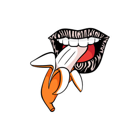 Mouth with zebra print lipstick biting a banana - isolated pop art sticker of womans lips smiling and eating an open banana. Flat vector illustration on white background.のイラスト素材