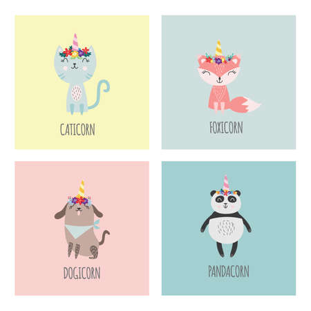 Cute animals with flower crowns and unicorn horns - children greeting card set with cartoon cat, fox, dog and panda bear wearing headdress decorations. Flat isoalted vector illustration.のイラスト素材