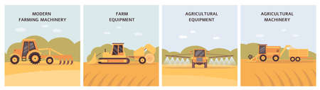 Agricultural machinery poster set - farm agriculture equipment on crop field. Farming tractor, hay roller, plough and harvester working on soil - vector illustration.のイラスト素材