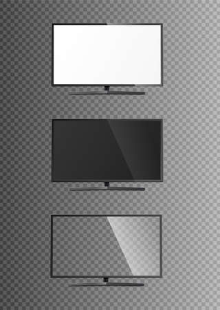 Set templates of lcd TV monitors with white, black and glass clear screen, realistic vector illustration isolated on transparent background. Television display mockup.のイラスト素材