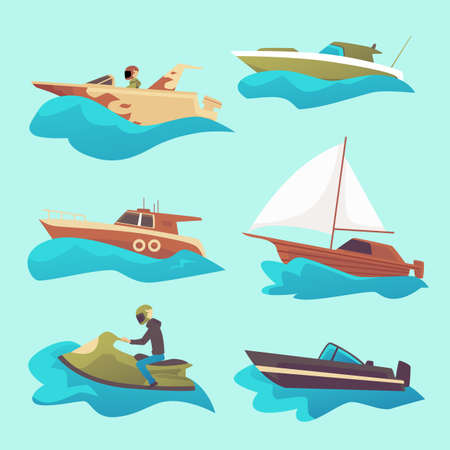 Set of motorized sea boats and little fishing ships cartoon icons, flat vector illustration isolated on blue background. Sailboats and water transport collection.のイラスト素材