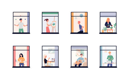 Set of window frames with people spending time at home and engaged with various home activity and...
