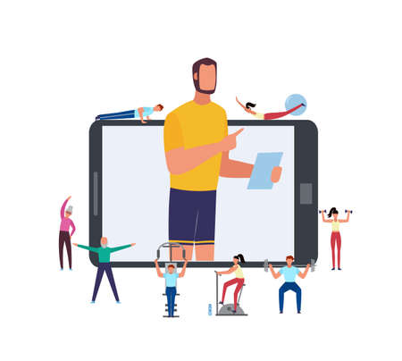 Online personal fitness coach and sportive program broadcasting - banner, flat vector illustration isolated on white background. Concept of web training with instructor.のイラスト素材