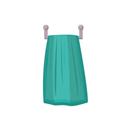 Green kitchen or bath hanging towel cartoon icon, flat vector illustration isolated on white background. Home bathroom textile and SPA procedures sign or symbol.のイラスト素材