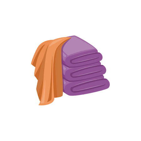 Isolated stack of clean purple towels and brown washing cloth draped over them. Spa bathroom decoration elements on white background, flat vector illustration.のイラスト素材