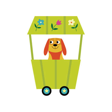 Cute puppy cartoon character riding in children railway carriage, flat vector illustration isolated on white background. Funny dog sitting in kids toy train wagon.のイラスト素材
