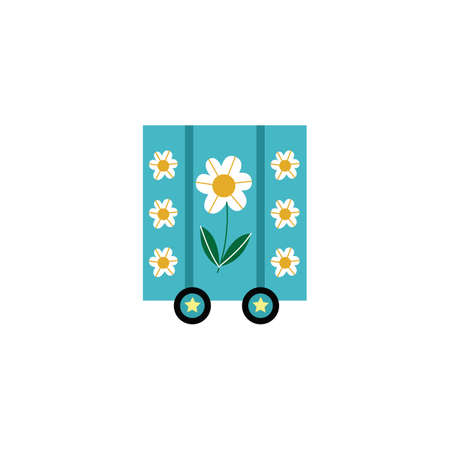 Cute light blue train cart with white flowers and star wheels - square cartoon toy locomotive transport cart with nobody inside. Flat vector illustration isolated on white background.のイラスト素材