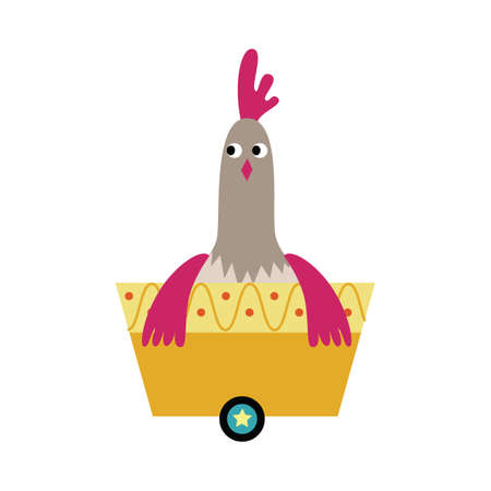 Chicken funny cartoon character riding in children toy train carriage, flat vector illustration isolated on white background. Kids railroad wagon with cute bird icon.のイラスト素材