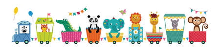 Train with cute animals cartoon characters flat vector illustration isolated on white background. Children railway attraction for kids clothing prints and cards.のイラスト素材