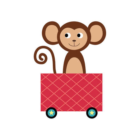 Children railway carriage with cute monkey cartoon character, flat vector illustration isolated on white background. Childish print of kids toy train and funny animal.のイラスト素材
