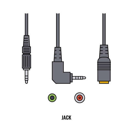 Headphone jack and cable connector set isolated on white background - audio device connection cables and different types of input socket. Flat vector illustration.のイラスト素材