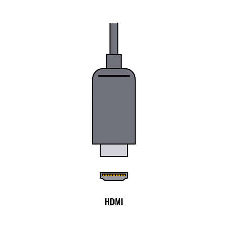 HDMI port plug and connector cable isolated on white background - grey flat adapter wire plugging into socket. Flat vector illustrationのイラスト素材