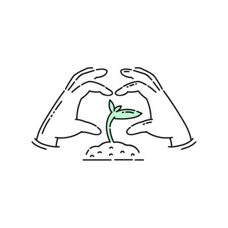 Save the planet green icon the hands protect plant sketch vector illustration isolated on white background. Charity, volunteering and earth care concept.のイラスト素材