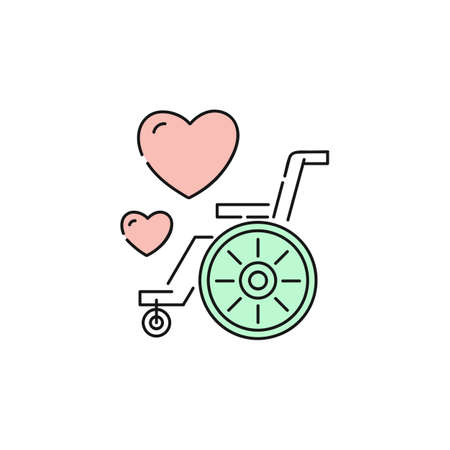 Charity icon for disabled people care and support organisation. Pink love heart signs above cartoon flat wheelchair with green wheel, isolated vector illustration on white backgroundのイラスト素材