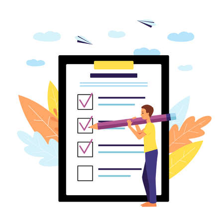 Cartoon man filling poll questionnaire form with giant pencil, customer feedback survey quiz on paper clipboard. Isolated flat vector illustration on white background.のイラスト素材