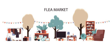Flea market - flat cartoon furniture and clothes set on outside garage sale, hand drawn TV, books, chair, luggage sold on street stall, isolated flat vector illustration on white backgroundのイラスト素材