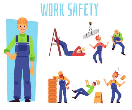 Work safety set with cartoon builder men in pain from falling objects and unsafe working environment. Workers with injured body parts - flat isolated vector illustration.