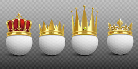 King of game concept - golden king crown on golf ball realistic template, vector illustration isolated on transparent background. Golf club or competition element.のイラスト素材