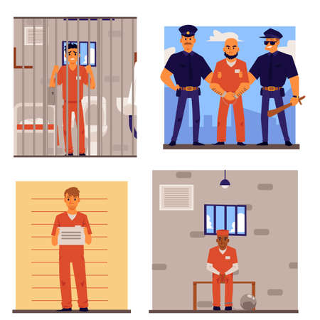 Cartoon set of criminal men in prison uniform handcuffed by police, posing for mugshot, sitting and standing in jail call - flat vector illustration.のイラスト素材
