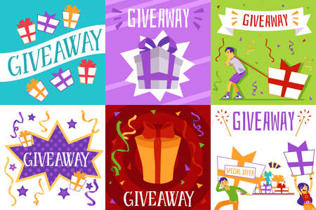 Giveaway promotion poster set. Free gift or special offer flyer collection with colorful present...