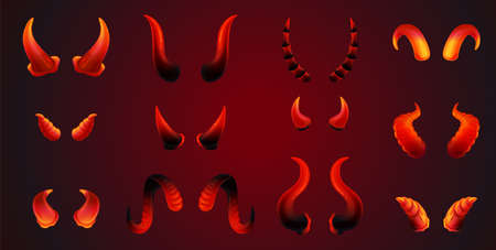Realistic red devil horn pair set in different shapes and sizes - evil Satan horns collection with glowing in the dark effect. Vector illustration.のイラスト素材