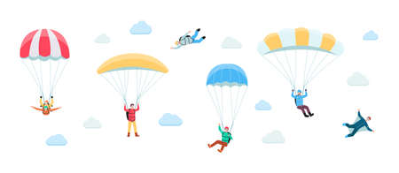 People planing on parachute in clouds, flat vector illustration isolated on white background. Skydiving and parachute extreme sport activity banner or poster template.のイラスト素材