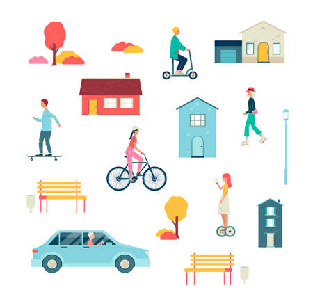 Set of people riding various vehicles - scooter roller skates bicycle car gyro scooter and skateboard. Activities of people at leisure or weekends. Flat vector isolated illustrations.のイラスト素材