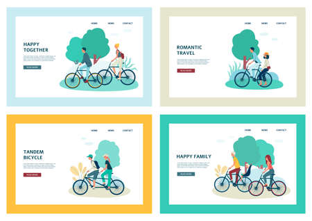 Set of banner templates with people characters riding bike, flat vector illustration isolated on white background. Active recreation and summer bicycle trips.のイラスト素材