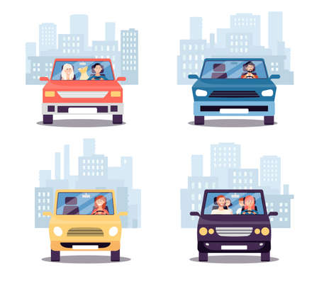 Front view of cars with people driving away from city - family, couple with dog and single man and woman on car trip. Isolated flat set - vector illustration.のイラスト素材