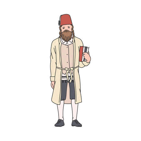 Jewish man in traditional Purim costume for holiday celebration from Judaism religion. Cartoon Jew wearing red hat, beige robe and holding books - flat vector illustrationのイラスト素材