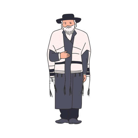 Elderly jewish religious orthodox man cartoon character, sketch vector illustration isolated on white background. Hasidic jew in religious traditional costume.のイラスト素材
