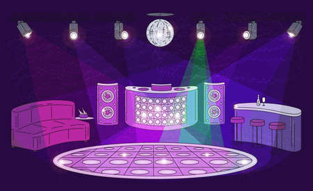 Night club interior with empty dance floor, spot lights, DJ booth and alcohol bar inside dark room....