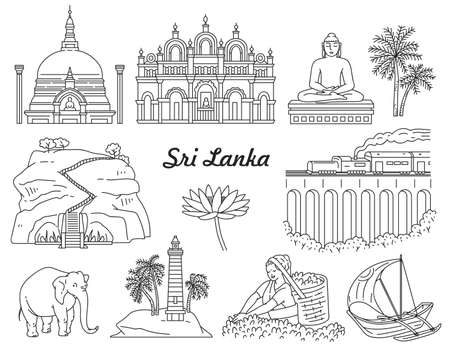 Sri Lanka famous tourist world landmarks icons set drawn in black line, sketch cartoon vector illustration isolated on white background. Elements of travel places.のイラスト素材