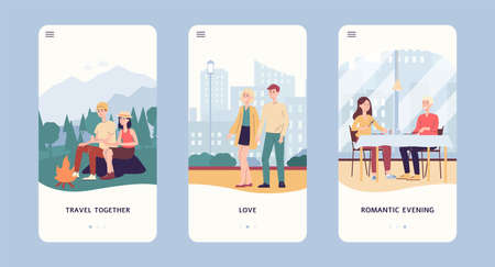 Set of app screens on smartphones leisure of young couples, a man and a woman together. Romantic...