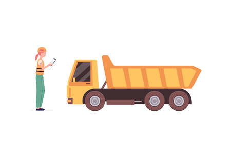 Woman construction or open quarry worker and dump truck, flat vector illustration isolated on white background. Professional vehicle and staff working on coal mine.のイラスト素材