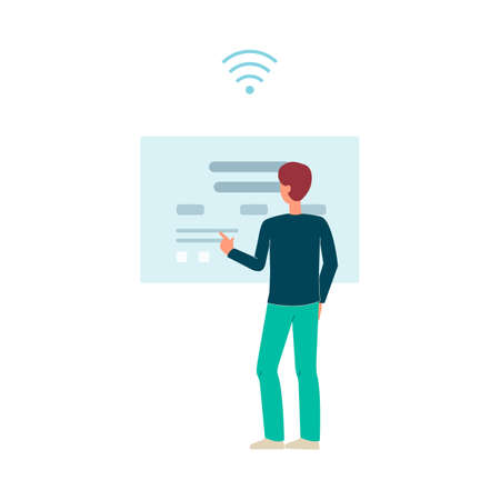 Man character using internet application for navigation and route creation, flat vector illustration isolated on white background. Digital advanced technology for city.のイラスト素材