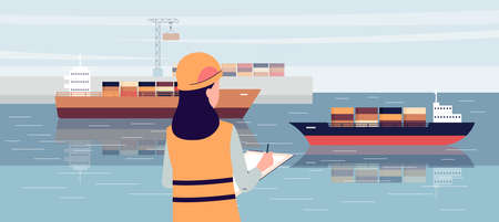 Industrial ship port worker standing on loading dock and writing in notepad - cartoon woman in safety uniform doing cargo logistics control on shore. Flat vector illustration.のイラスト素材
