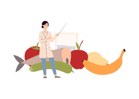 Healthy nutrition and diet menu concept - woman nutritionist standing at fresh food symbols backdrop, flat vector illustration isolated on white background.のイラスト素材
