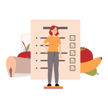 Diet planning concept with woman cartoon character at backdrop of weight loss planner list and pile of vegetables, flat vector illustration isolated on white background.のイラスト素材