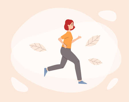 Happy woman running and smiling - cartoon female runner athlete doing cardio sport exercise on falling leaves background. Flat vector illustration.のイラスト素材