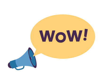 Megaphone and loudspeaker for promotion and marketing with text, message and speech wow. Cartoon flat isolated vector illustration.のイラスト素材
