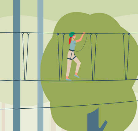 Cartoon woman in rope park walking on bridge course with safety equipment. Happy girl playing in extreme playground in summer nature climbing park - flat vector illustration.のイラスト素材